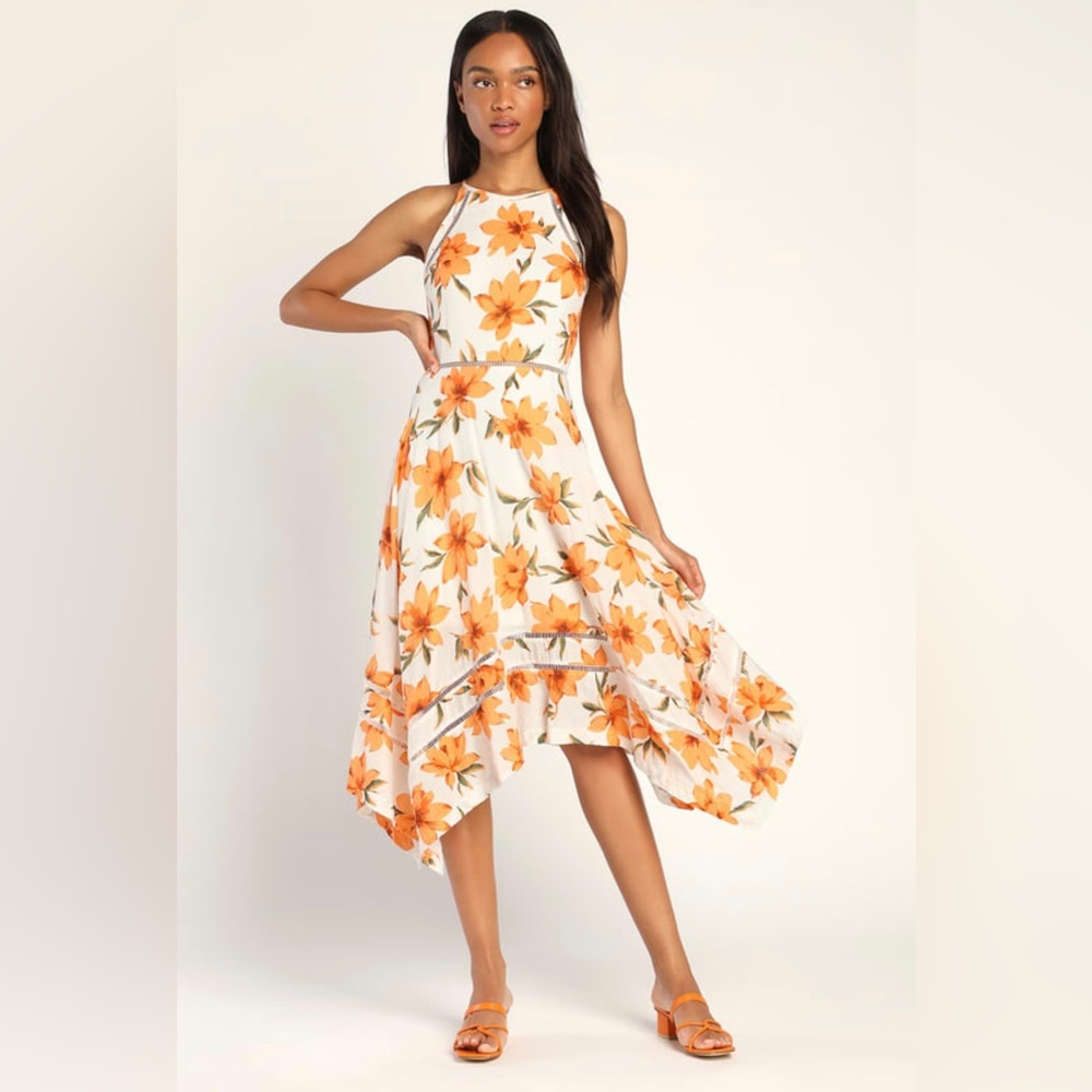 NWT Lulus Orange and White Floral Midi Dress